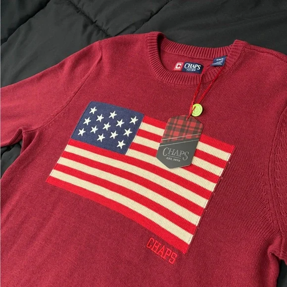 Chaps Men's Red Sweater with American Flag Design